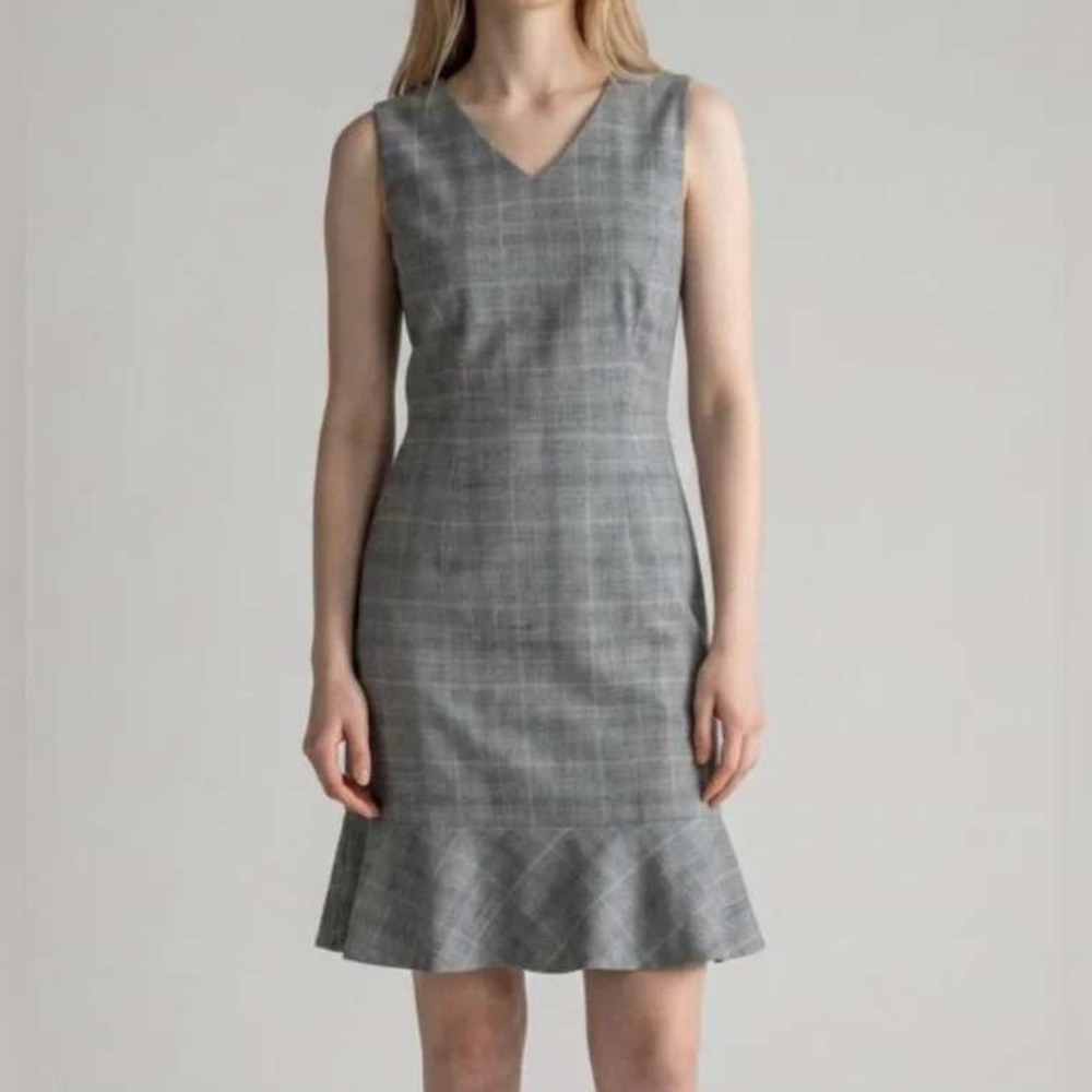 Talbots Gray Plaid Wool Blend Ruffle Hem Sheath Dress V-Neck Professional Sz 14